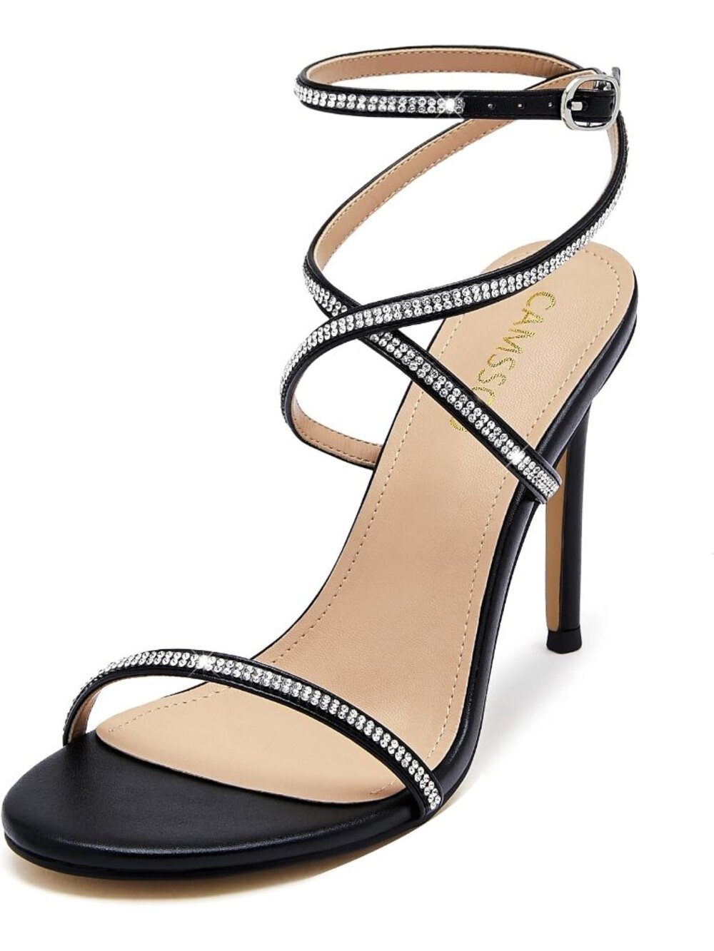 Women's Black Crisscross Faux Leather Slingback Rhinestone Stiletto Heel Sandals